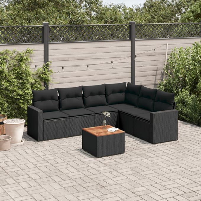 vidaXL - 7-delige - Loungeset - met - kussens - poly - rattan - zwart