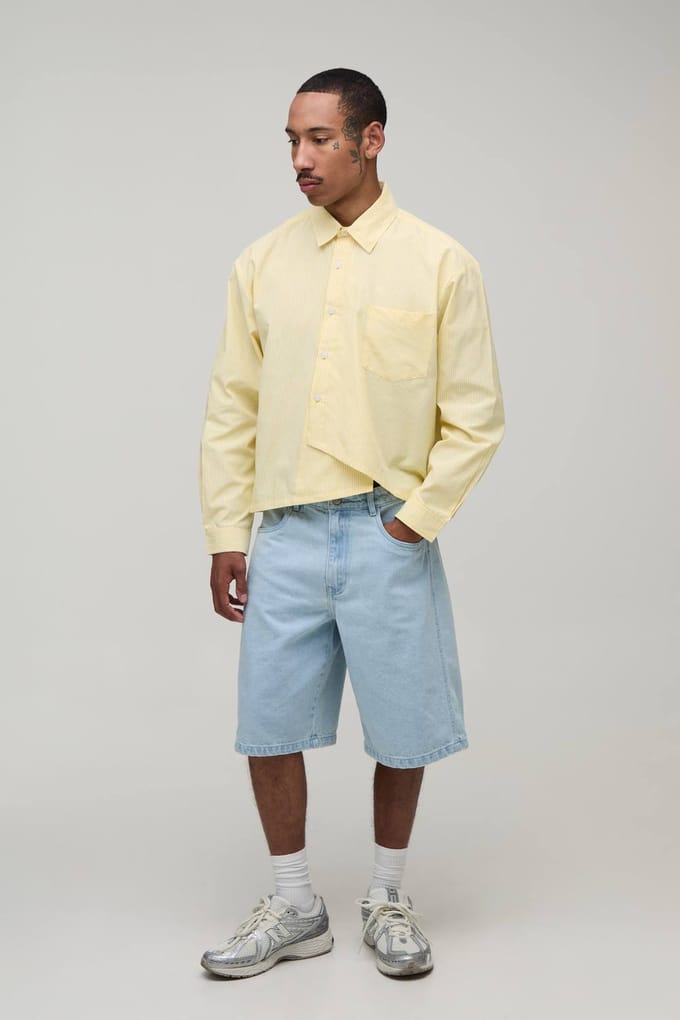 Oversized Boxy Shirt Met Asymmetrische Knoopsluiting En Streeppatroon | Yellow | Size Medium