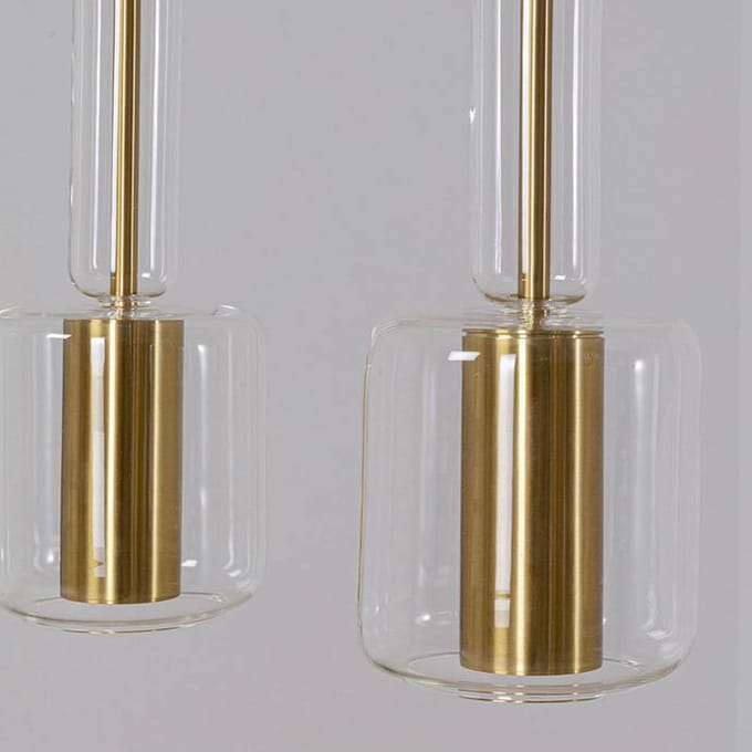 Kare Candy Bar hanglamp, goudkleurig, staal, glas, 3-lamps.