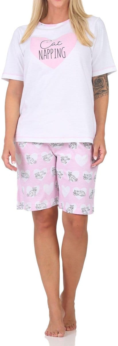 Normann dames pyjama shorty met korte mouwen pyjama met hart- en kattenmotief