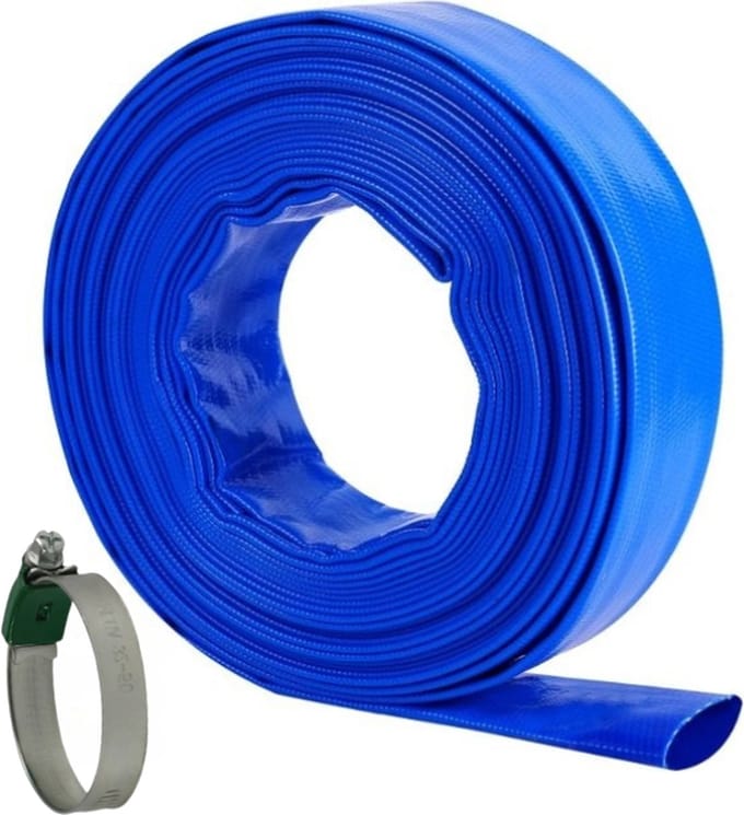 Platte waterslang voor dompelpompen - 25mm (=1 ") - Rol 10 meter - 1 slangklem