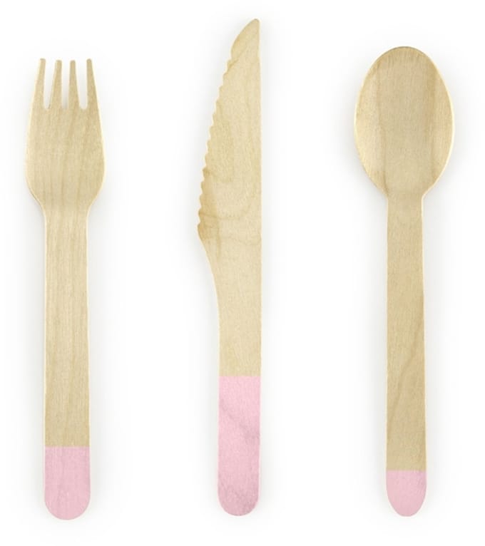 PARTYDECO - 18 lichtroze houten bestek 16 cm natuurlijk