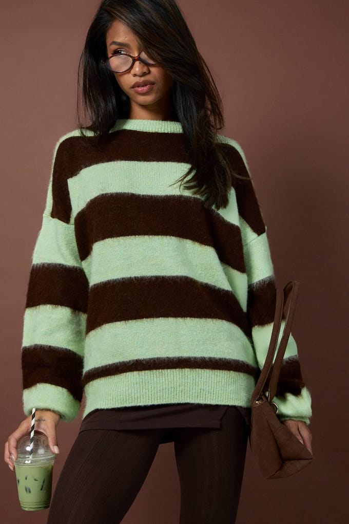 boohoo Dames Geborstelde streep oversized gebreide trui | Maat: Medium