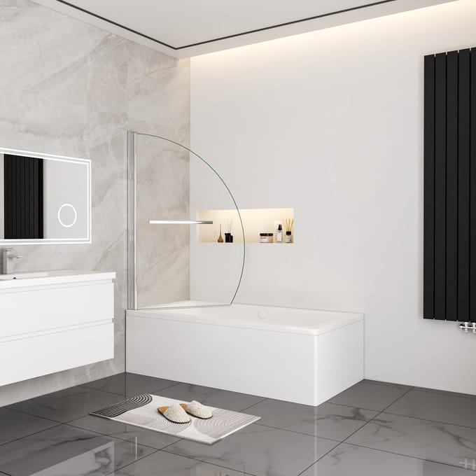 Aica Gebogen Badwand 100x150cm-Met Handdoekhouder-8mm Transparant Gehard Glas-Chroom Frame