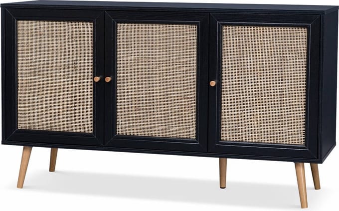 sweeek - Dressoir met 3 deuren houtdecor en rotan 120cm - bohème