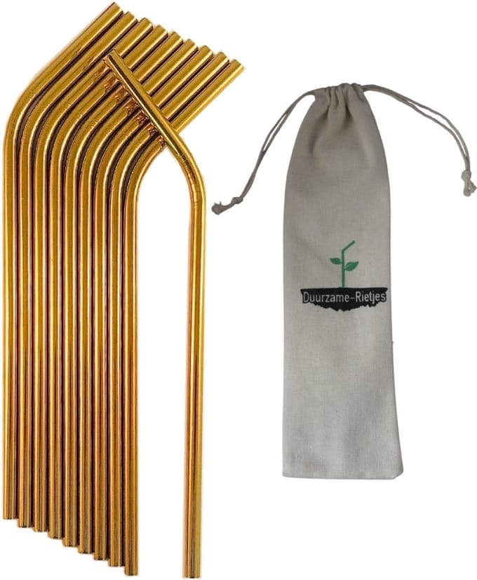 RVS Rietjes Goud 8 stuks Gebogen - Herbruikbare Rietjes