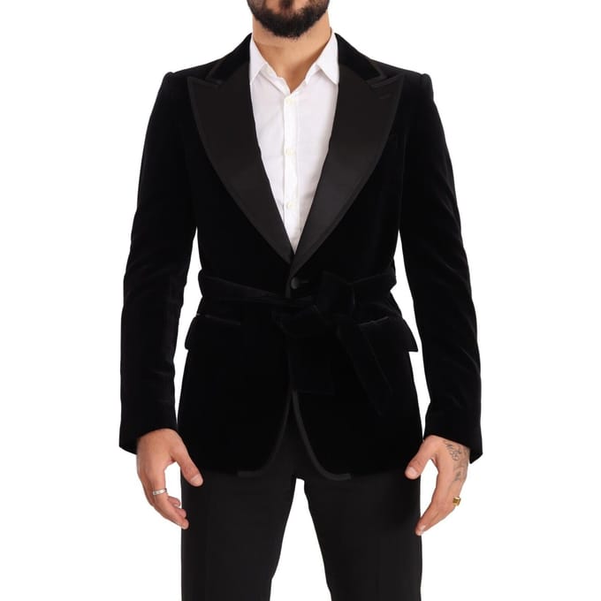 Dolce & Gabbana Heren Zwarte Fluwelen Enkelgeknoopte Effen Blazer