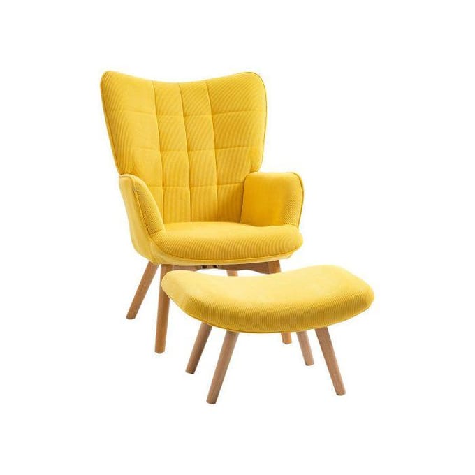 Fauteuil à oreilles - MUVOE - Jaune - Velours côtelé - Avec pouf - Design contemporain jaune