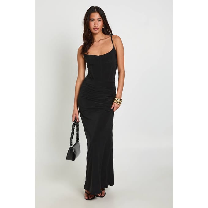 boohoo Dames Dubbele Laag Slinky Gedrapeerde Maxi Rok | Zwart | Maat: 40