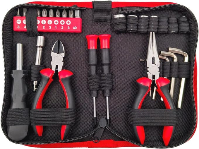 Gereedschapsset voor motorfiets met zadelonderlegger en accessoires
