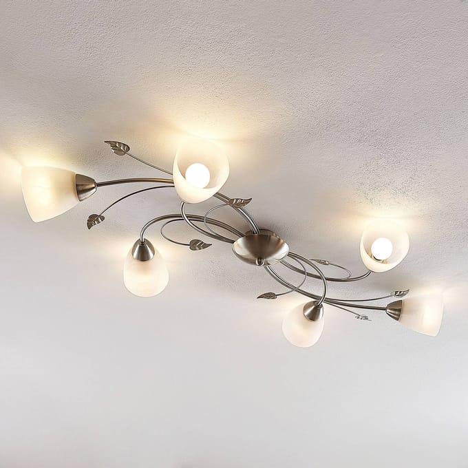 Lindby - plafondlamp - 6lichts - Metaal, glas - H: 13 cm - E14 - nikkel, wit