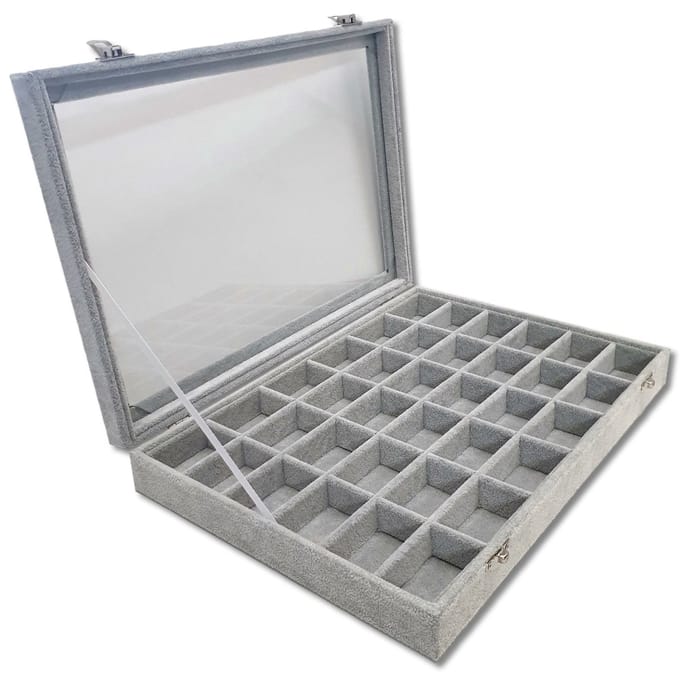 Ilènne - Sieradendoos - Grijs - 36 vakjes - met deksel - 35x24x5cm - velours - oorbellen organizer