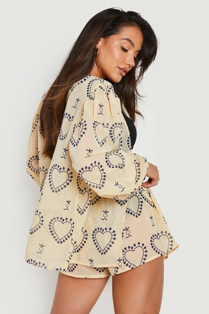 boohoo Dames Milagro Hart Print Shirt & Short Beach Co-ord | Wit | Maat: Medium