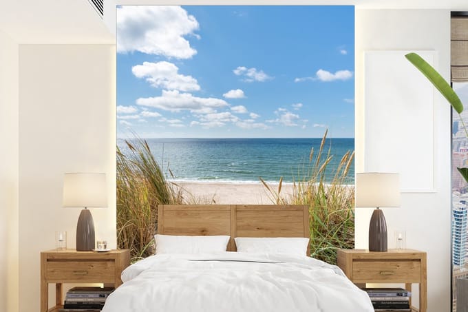Behang - Fotobehang Duin - Gras - Zee - Strand - Breedte 165 cm x hoogte 220 cm