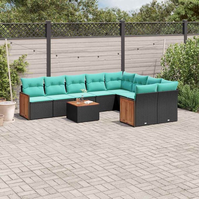 vidaXL - 10-delige - tuinbankset - met - kussens - van - zwart - polyrotan