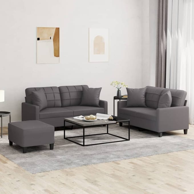 vidaXL - 3-delige - Loungeset - met - kussens - kunstleer - grijs