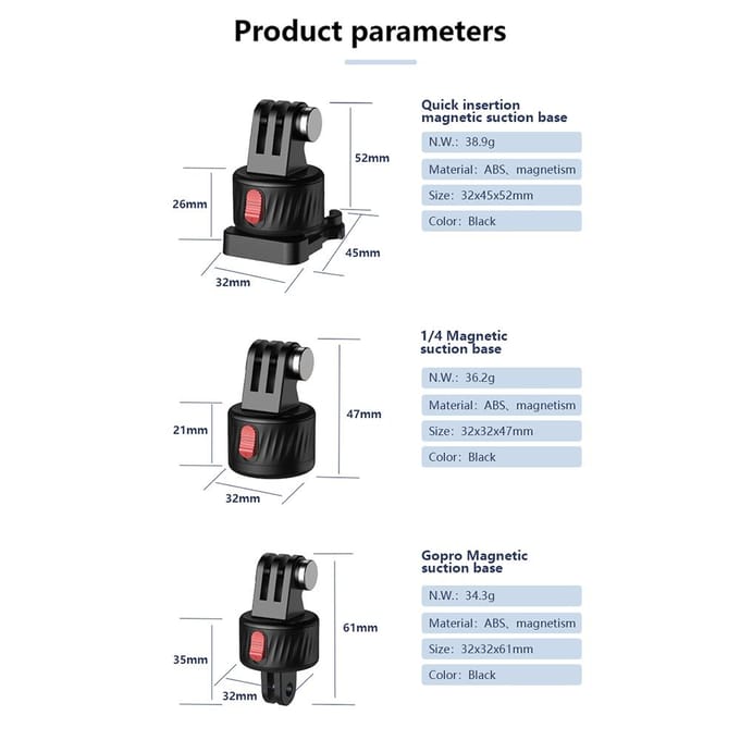 Adaptateur d'aspiration magnétique Adaptateur de trépied Montage de base à dégagement rapide Vis d'action gratuites avec prise rapide GoPro Magnetic Mount Base noir