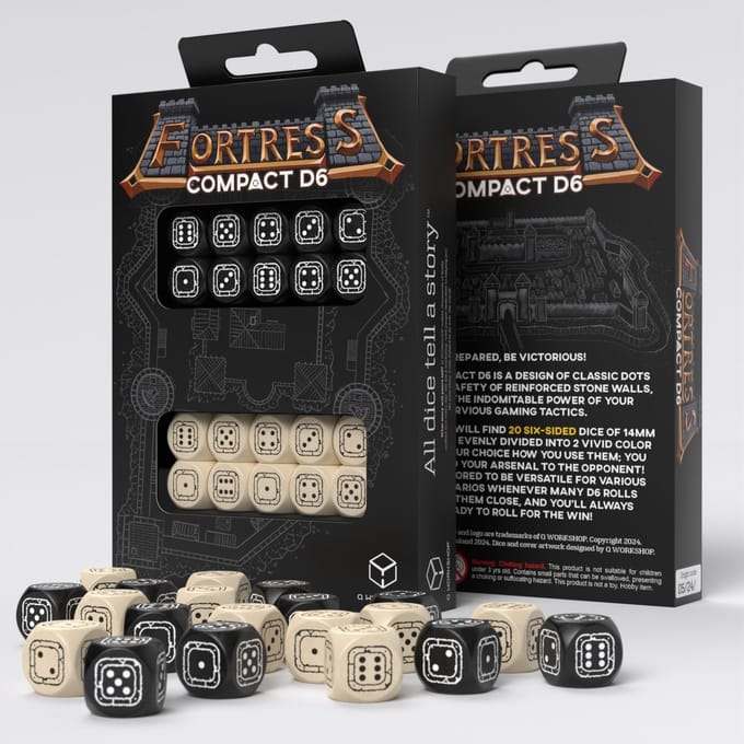 Q-Workshop dobbelstenen set Fortress Compact D6 zwart beige 20 stuks.