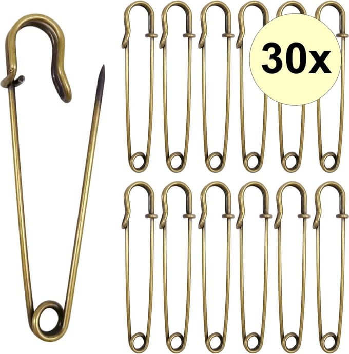 Fako Bijoux® - Grote Veiligheidsspeld - Sierspeld - Sjaalspeld - Classic - Ponchospeld - 75mm - 30 Stuks - Brons