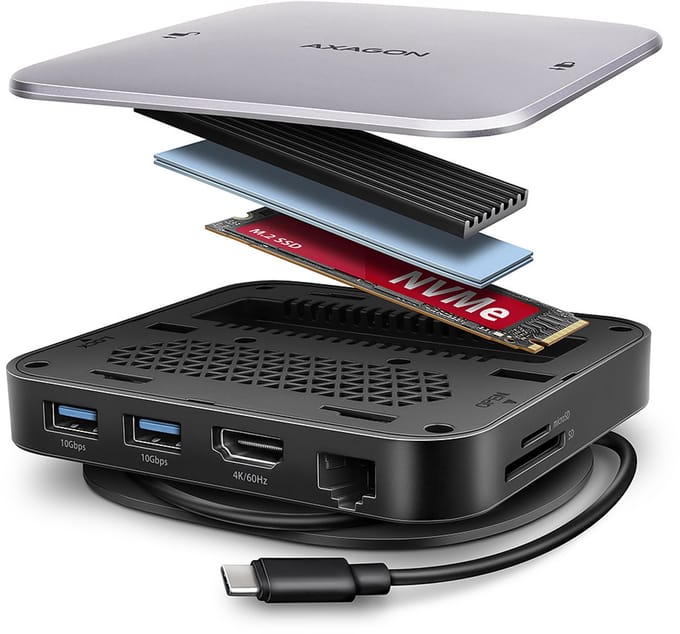 Axagon HMC-UFO USB-C Hub M.2 SATA/NVMe 1 Gbit/s Ethernet 384 kHz Audio Bedraad USB 3.2 Gen 2 (3.1 Gen 2) Type-C Zwart