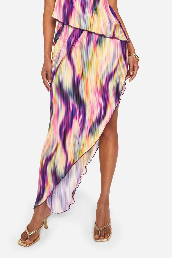 boohoo Dames Tie Dye Plisse Asymmetrische Maxi Rok | Violet | Maat: 40