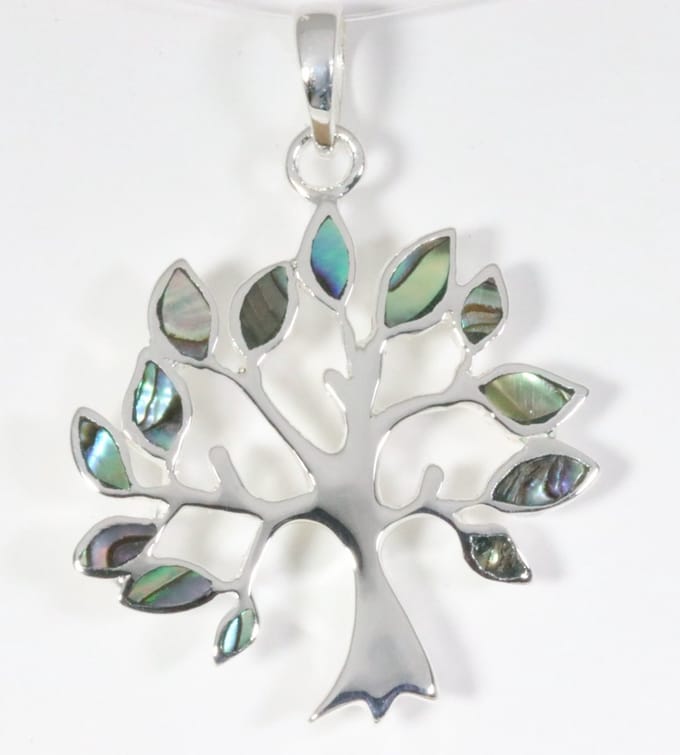 Grote zilveren levensboom hanger met abalone schelp