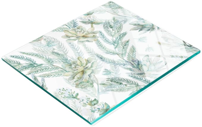 Glazen serveerplank met grafische bloemen en bladeren, 60x52 cm