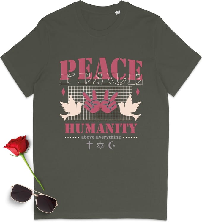 T Shirt Dames - Vrede voor de Mensheid - Groen (Khaki) - Maat M