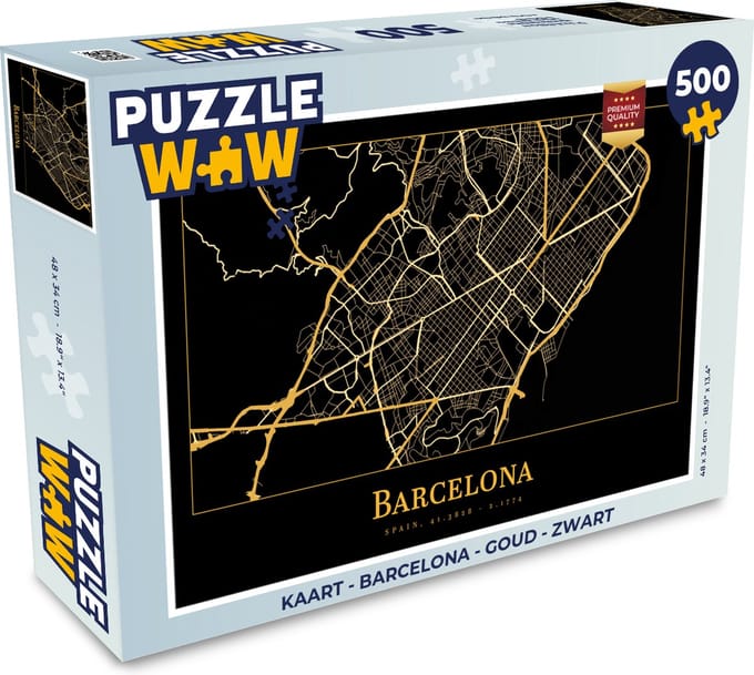 Puzzel Kaart - Barcelona - Goud - Zwart - Legpuzzel - Puzzel 500 stukjes