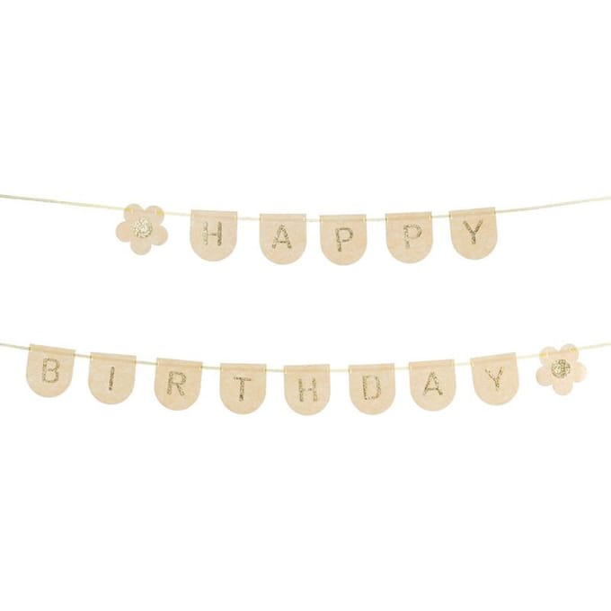 Vilten letterslinger "Happy Birthday" lichtroze en goud - lengte 3 meter