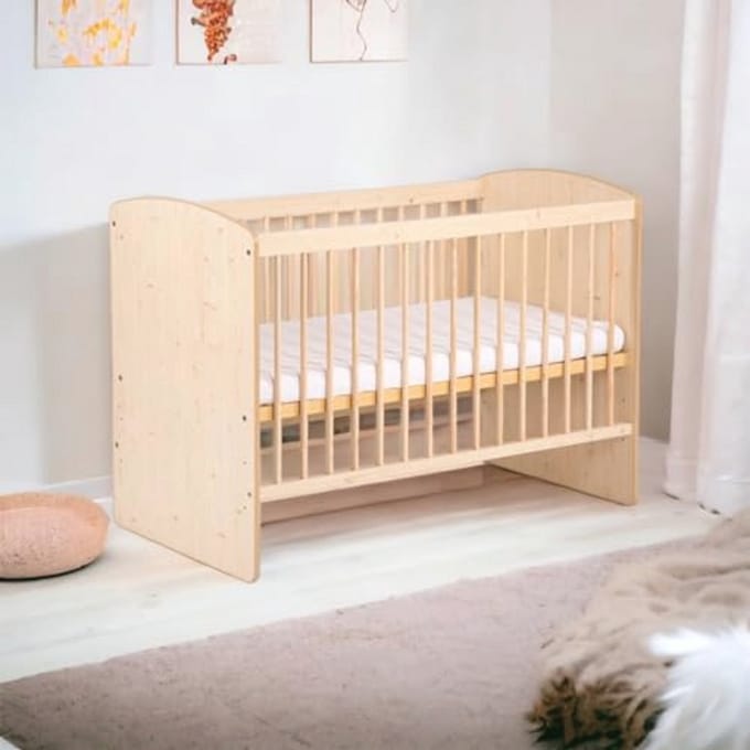 Babybed 120 x 60 cm van natuurlijk hout - Verstelbaar in hoogte met lattenbodem