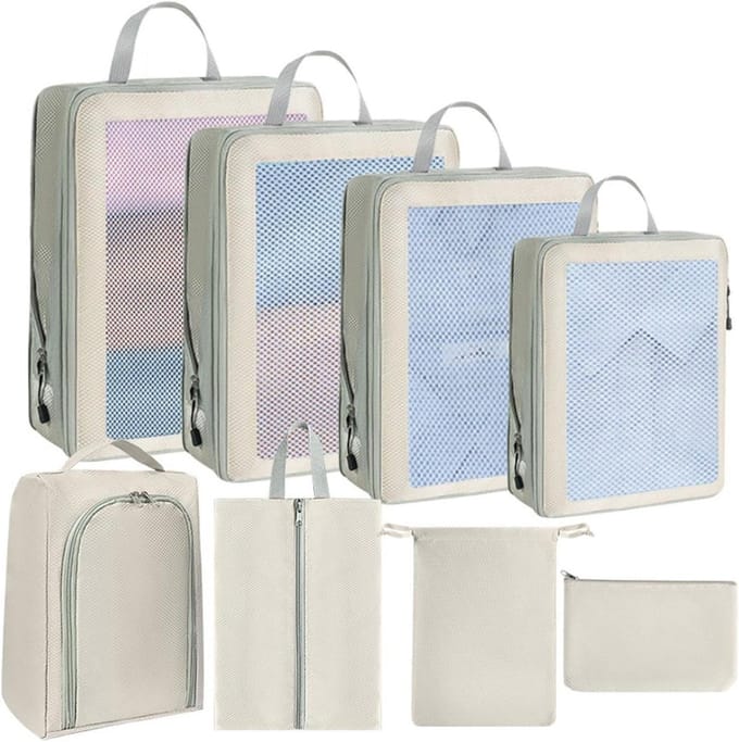 Opbergtas Set - Reisorganizers - Bagage Comprimeren - Waterdicht Nylon - Set van 8 - Beige