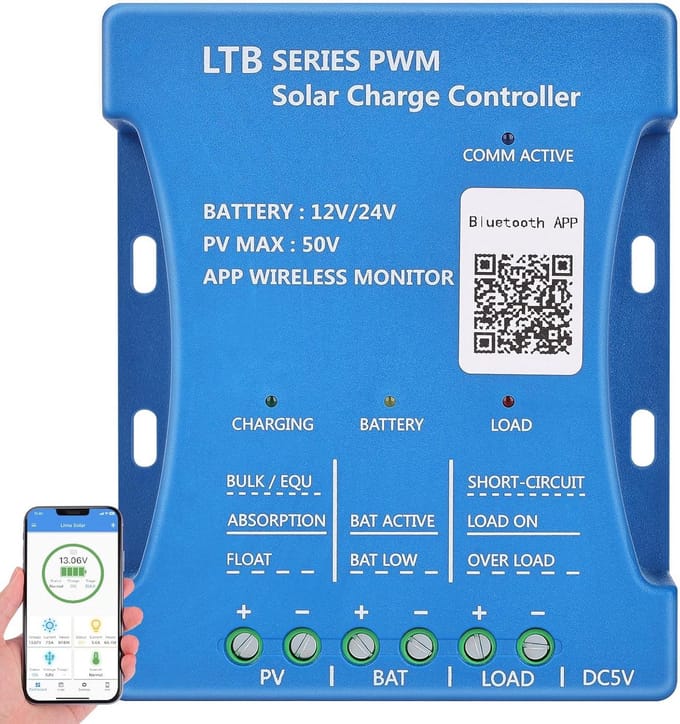 20A PWM Solar Laadregelaar 12V/24V met Bluetooth en USB-poort