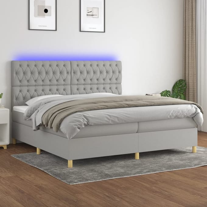 vidaXL - Boxspring - met - matras - en - LED - stof - lichtgrijs - 200x200 - cm