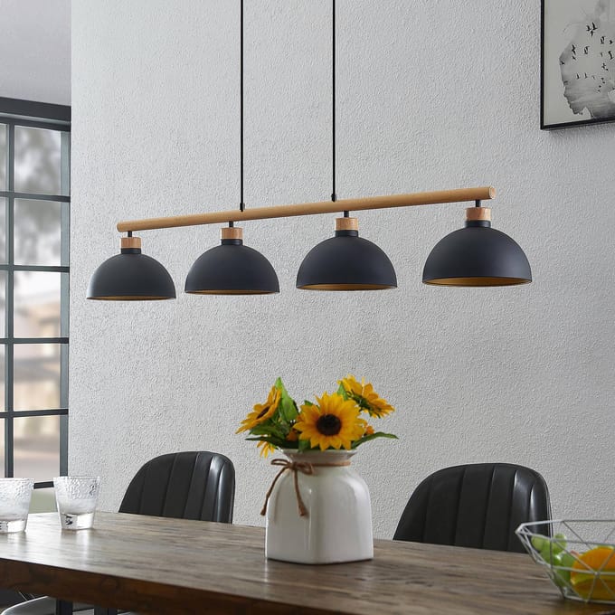 Lindby - hanglamp - 4lichts - Ijzer, rubberhout - H: 12.5 cm - E27 - zwart, goud, licht hout