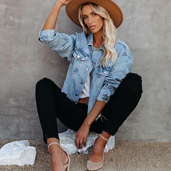 Denim jack dames, straat hipster losse korte jas met ruwe randen S