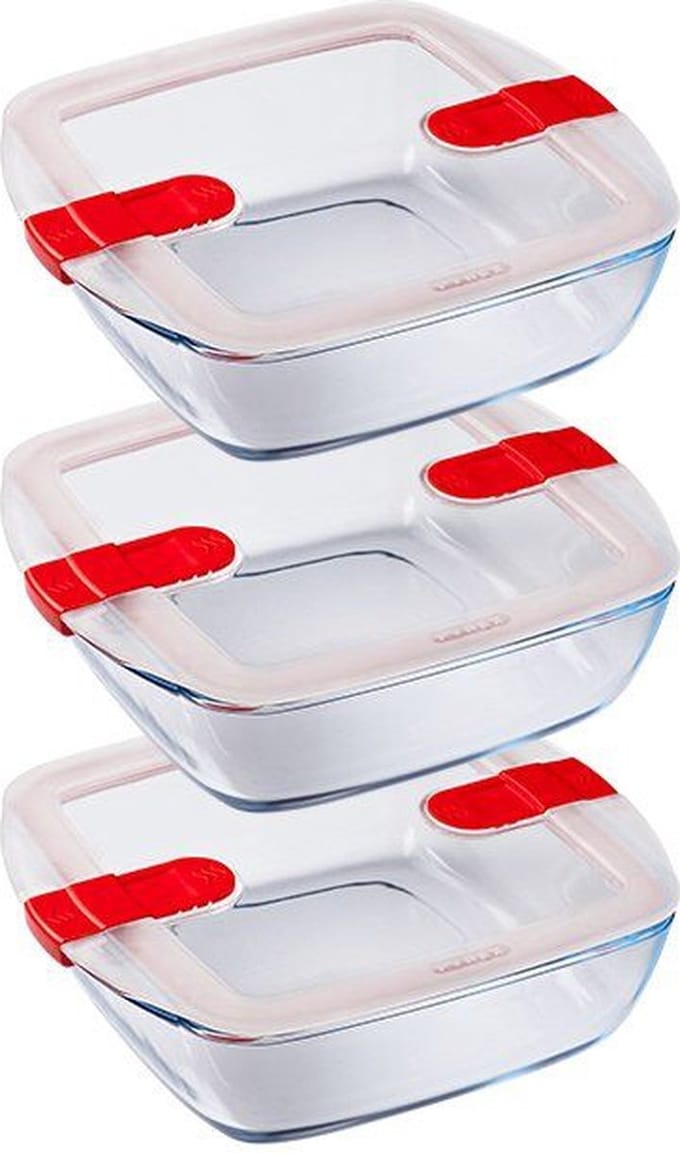 Pyrex - Cook & Heat Schaal Vierkant 1 liter Set van 3 Stuks - Transparant/Rood