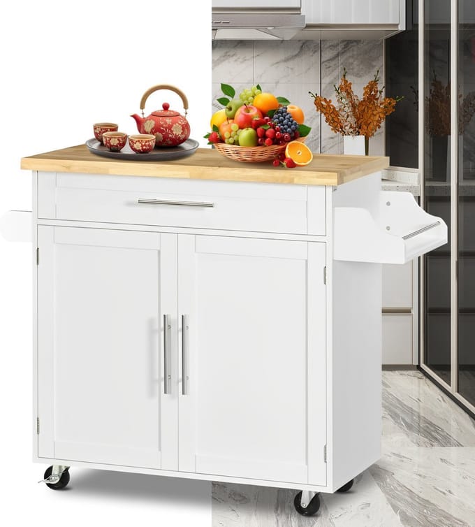 Keukeneiland - Verplaatsbaar - Keukenkast - Dressoir - Organizer - Kasten - Houten Werkblad - 2 Deuren - Wit