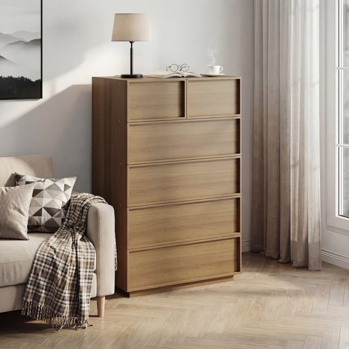 Ladekast - 80x48x127 cm - 6 Lades met Opbergruimte - Hout - Eiken