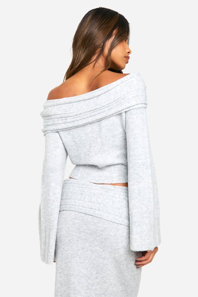 boohoo Dames Rib Edge Soft Knit Bardot Trui | Grey | Maat: Medium