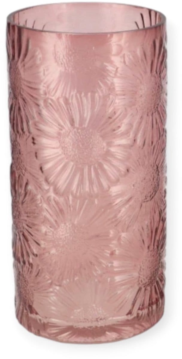 Daan Kromhout - Vaas - Glas - Donker Roze - Bloemen Reliëf - 26x13cm - Cilindervaas