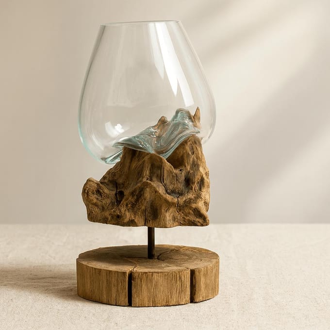 Gesmolten glas op hout met standaard - grote kom