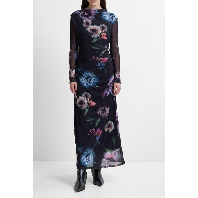 French Connection Tarissa Mesh Rose Dress Rose Black Multi Maat: S | Maxi Jurken Outlet | Dames | Zwart