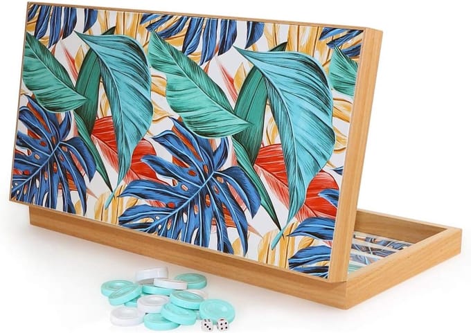 Backgammon Spel - Tafelspel Dama - Familiespel Avond - Zomers Tropical Design - 48 x 48 cm - Multicolor