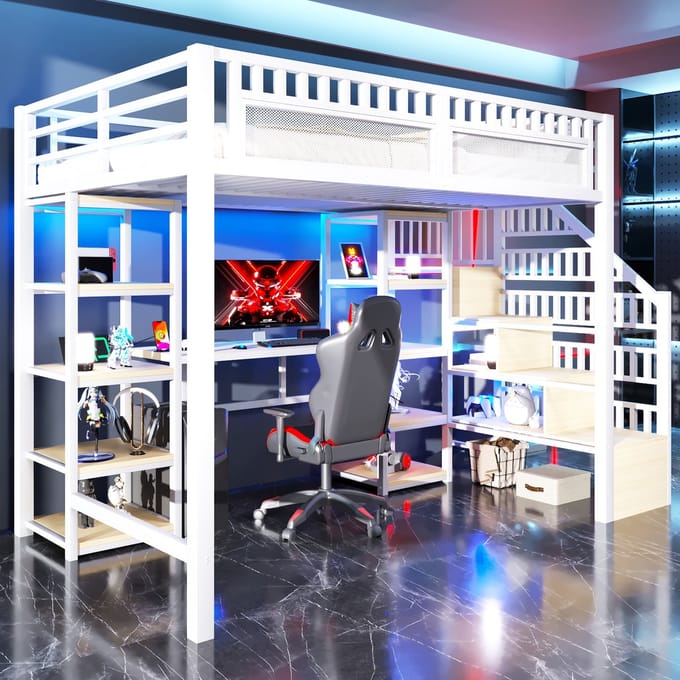 MODFU - Hoogslaper – 140x200 cm – Met bureau, opbergtrap & LED (app) – Wit metaal/MDF