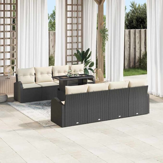 vidaXL Tuinbank Set met kussen met opslag 9 pcs Zwart Poly Riet