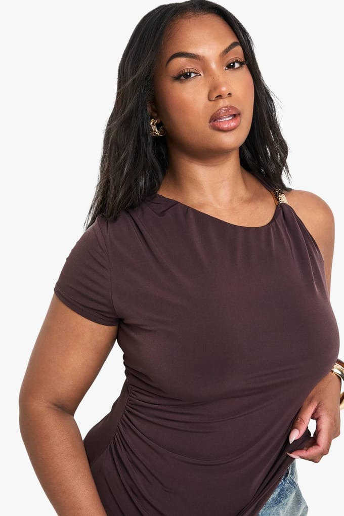 boohoo Dames PLUS TOP MET GOUDE AFWERKING DETAIL | Chocoladebruin | Maat: 54