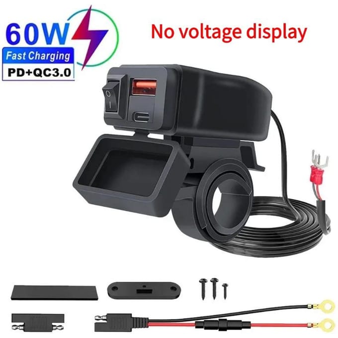 PD+QC3.0 Motorfiets USB Snellader 60W Stuur Dubbele USB-aansluiting met schakelaar Voltmeter Waterdichte 12V Voedingsadapter QC3.0+PD