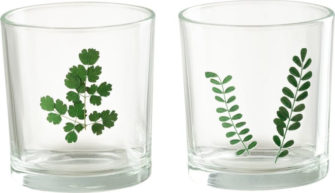 J-Line windlicht Bladeren - glas - groen/transparant - small - 2 stuks