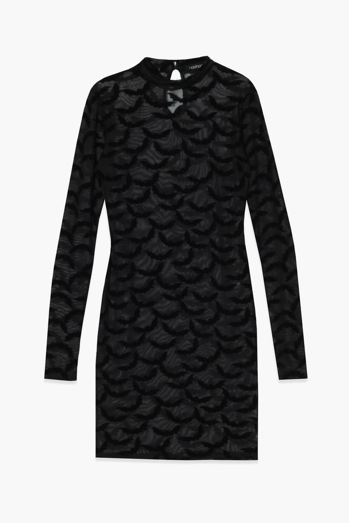 boohoo Dames Halloween Flock Mesh Bat Mini Jurk | Zwart | Maat: 42